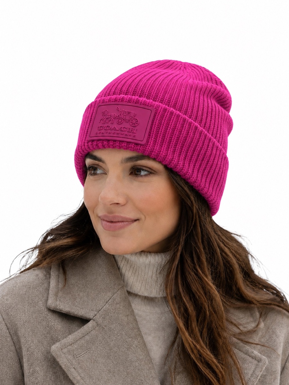 Coach Pink Ribbed Wool Blend Tonal Patch Beanie Hat OS NWOT